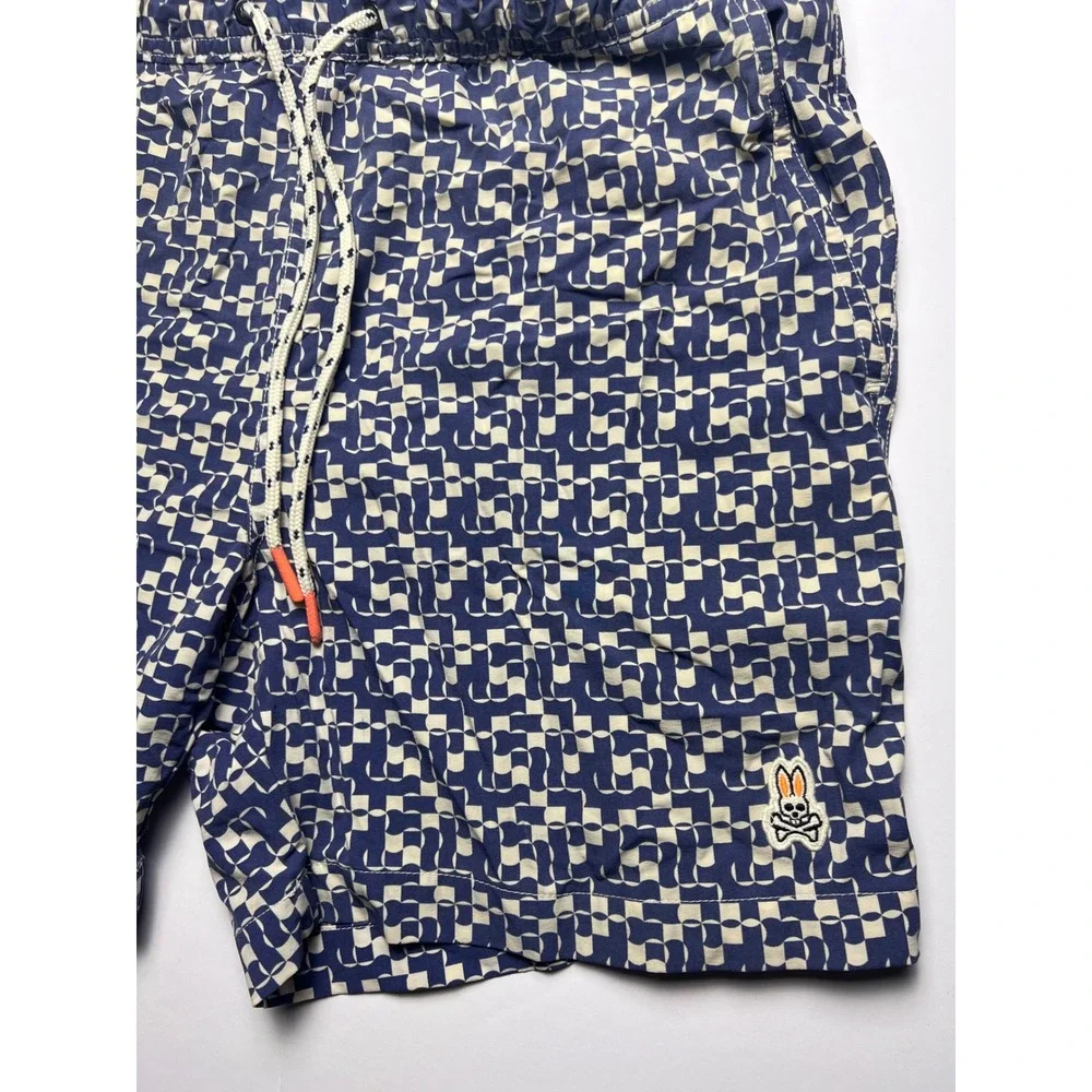 Psycho Bunny Swim Trunks Mens Medium Navy Cream Geometric Checkerboard Logo